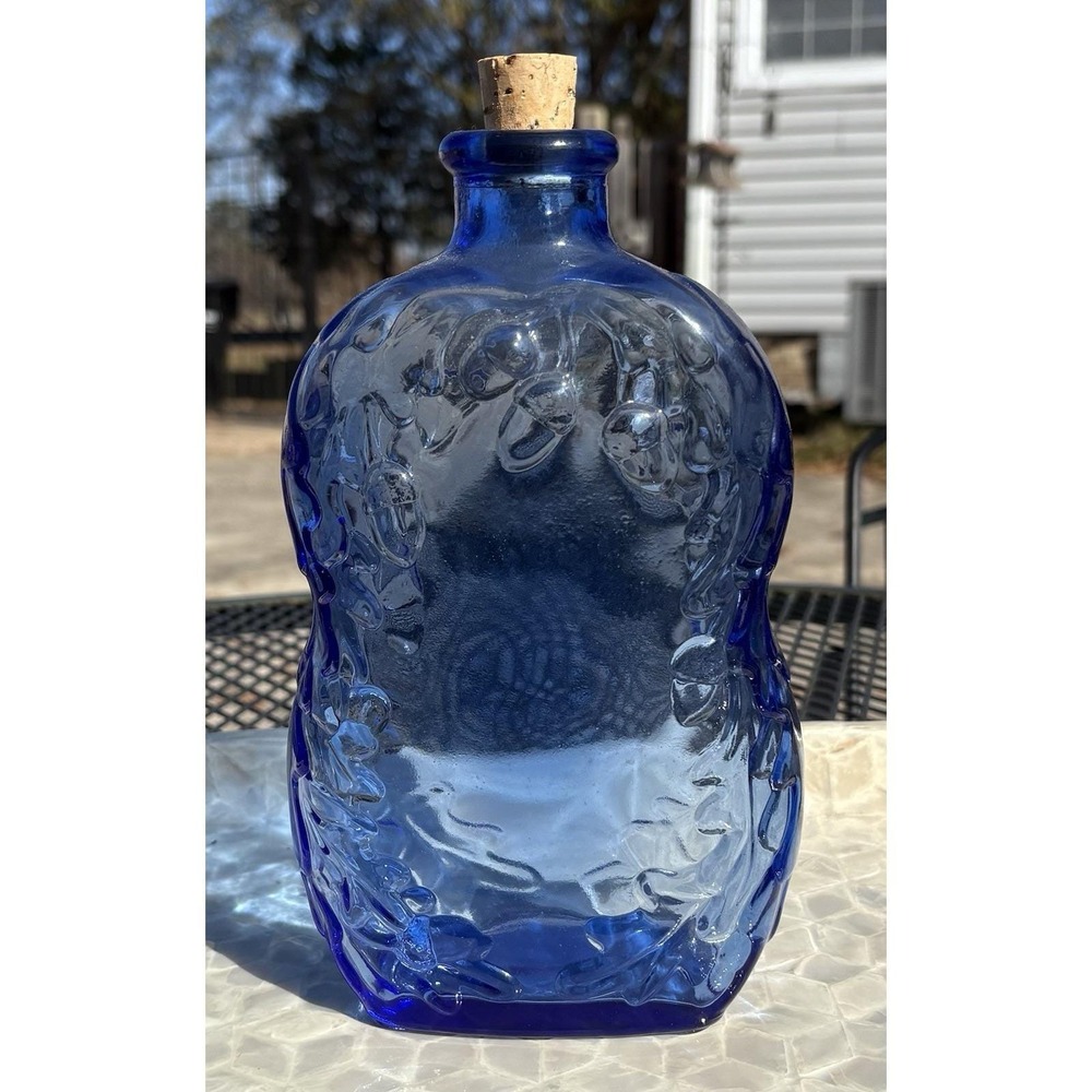 Vtg Cobalt Blue Glass Oak Leaf Acorn Decorative Bottle (8.5") w/ Stopper